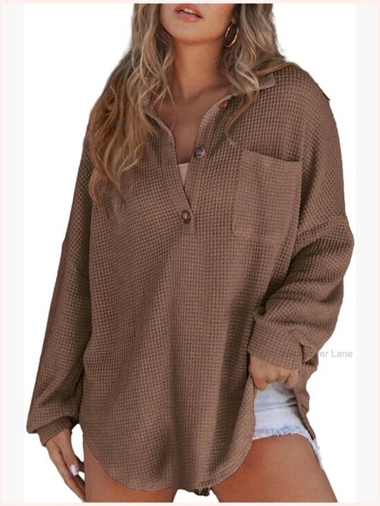 Tops - Waffle Knit Henley Oversized Tunic Long Sleeve V Neck Pullover Top